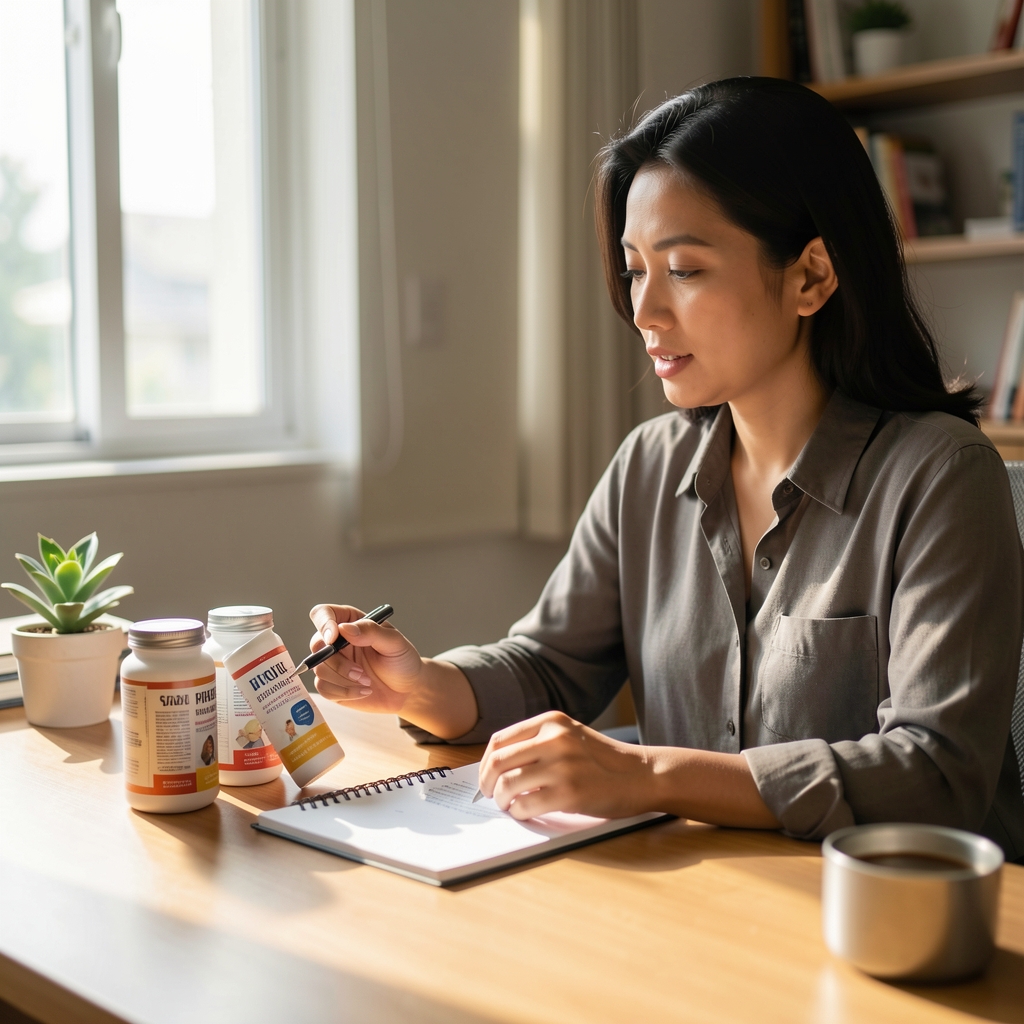 Indonesian editorial writer reviewing supplement labels and movement notes at a sunlit desk