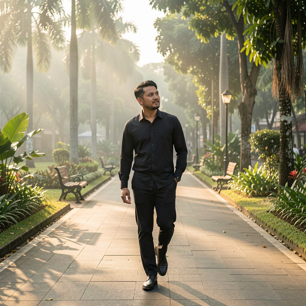 Active individual walking in crisp morning light maintaining upright posture and healthy joint movement