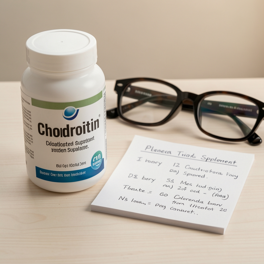 Close view of chondroitin supplement facts panel with reading glasses and comparison worksheet