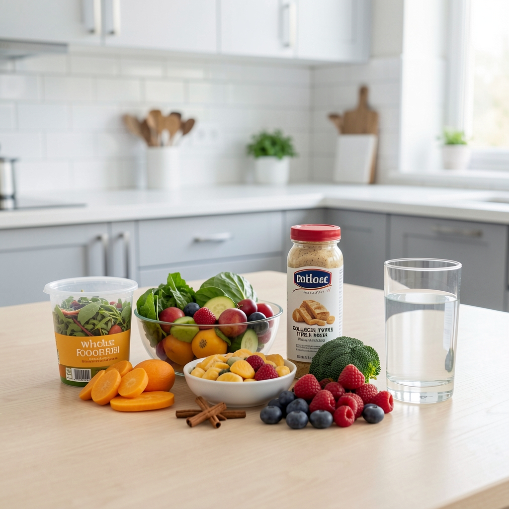 Assorted wholesome protein foods, collagen notes, and water on clean table