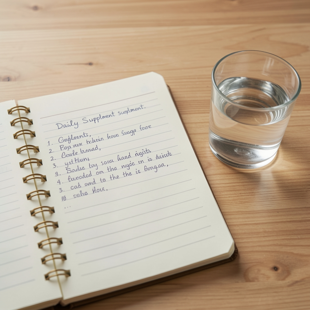 Notebook page with handwritten daily supplement schedule next to a glass of water