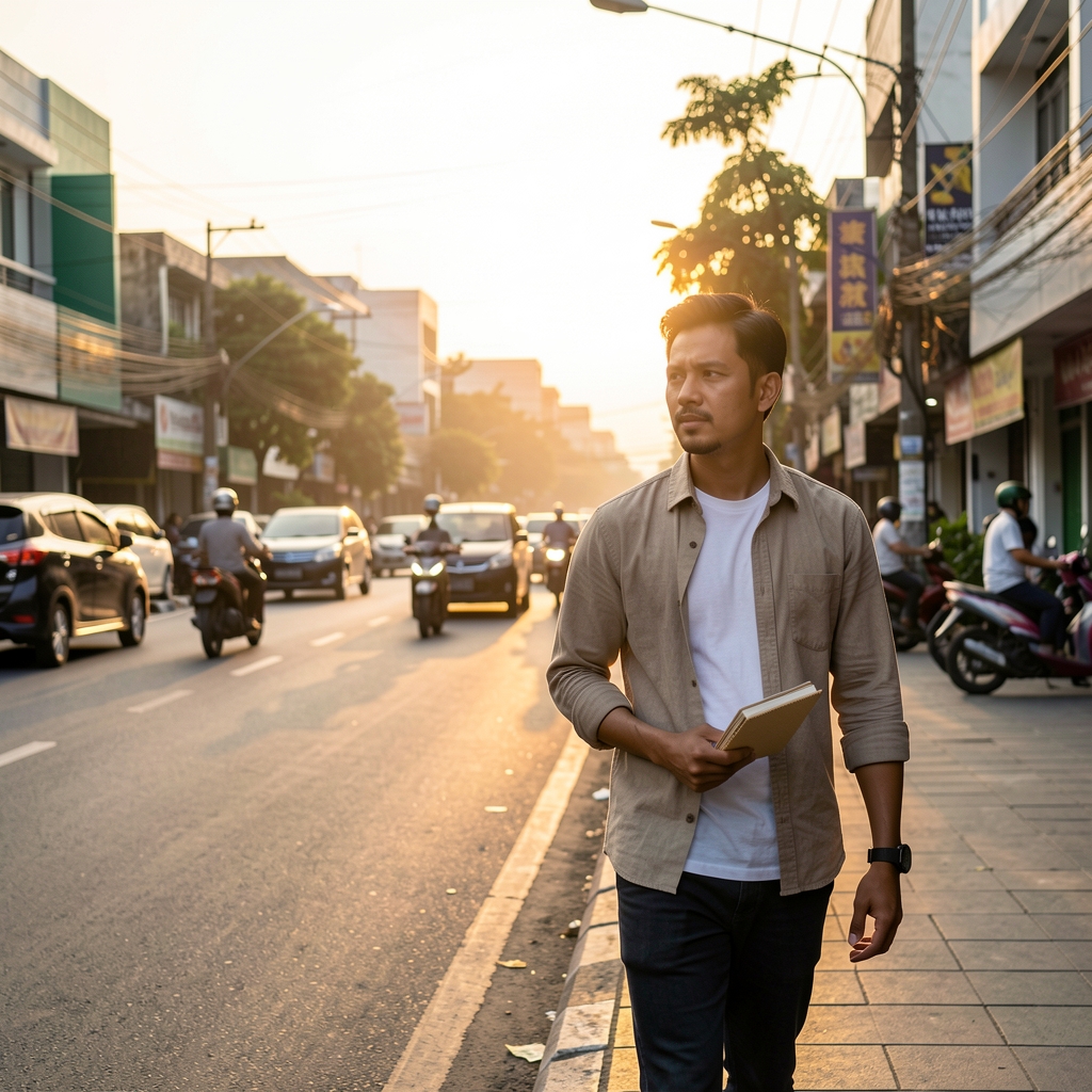 Active man walking outdoors holding notes on joint mobility and nutrition