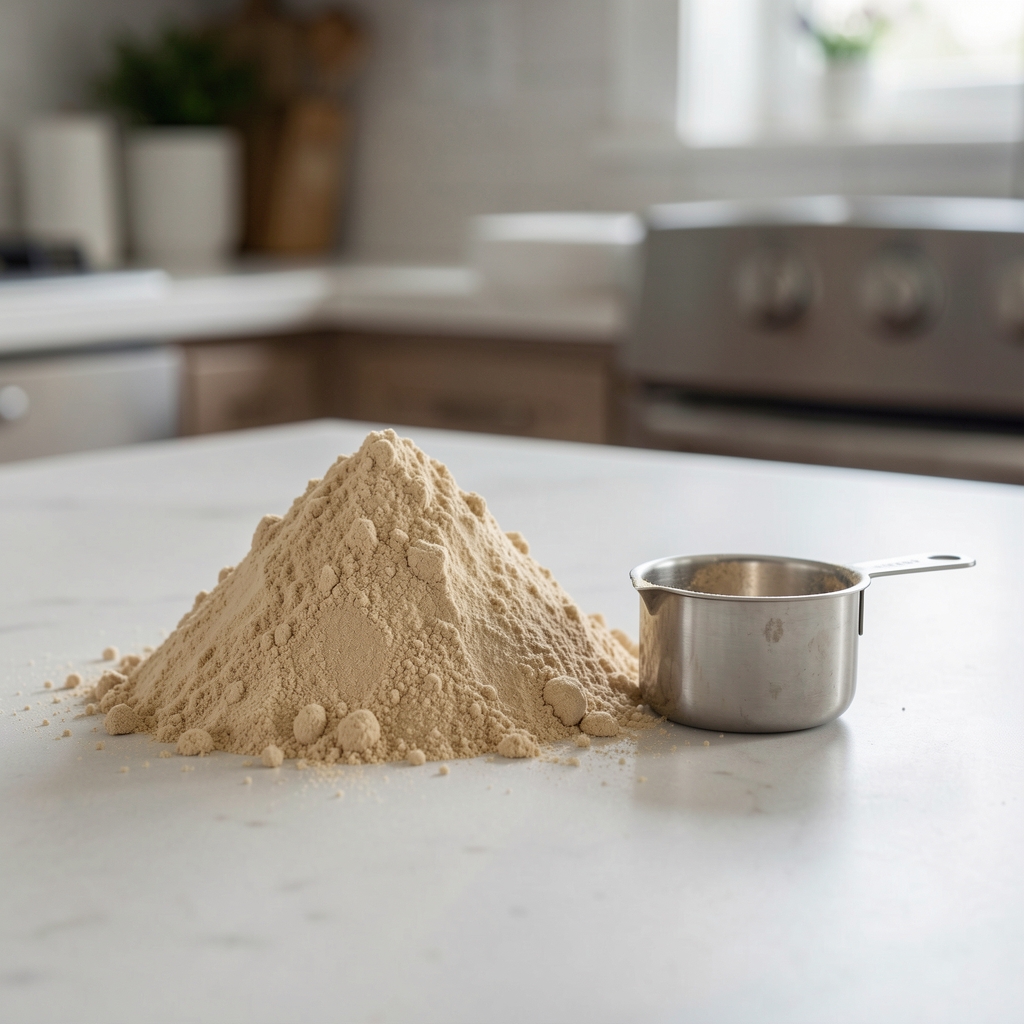 Close-up of collagen powder and a measuring scoop on a pale kitchen counter