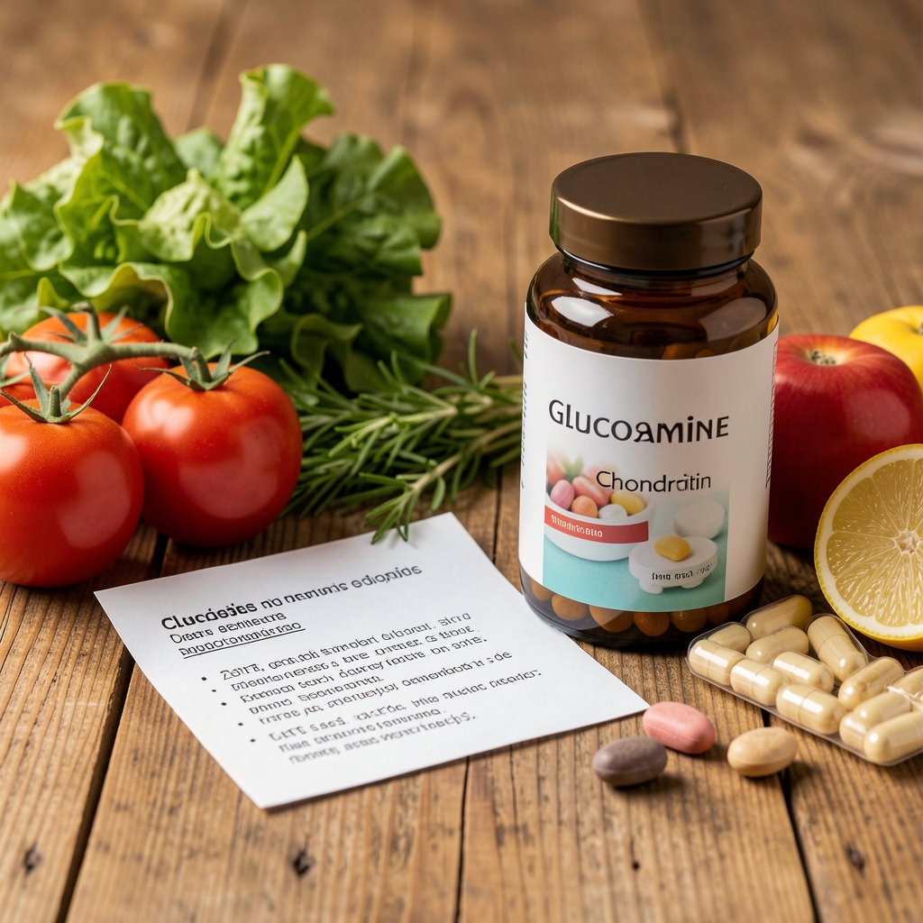 Wooden desk with glucosamine and chondroitin ingredient notes beside fresh wholesome foods