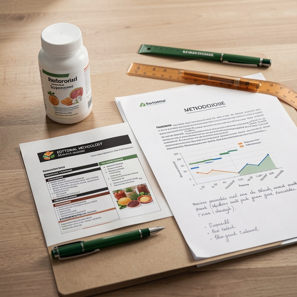 Editorial methodology board with food supplement labels, research papers, ruler, and handwritten annotations